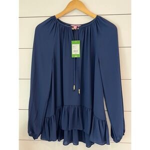 NWT Lilly Pulitzer Navy Chiffon Ruffle Hem Blouse Long Sleeve Top M old money